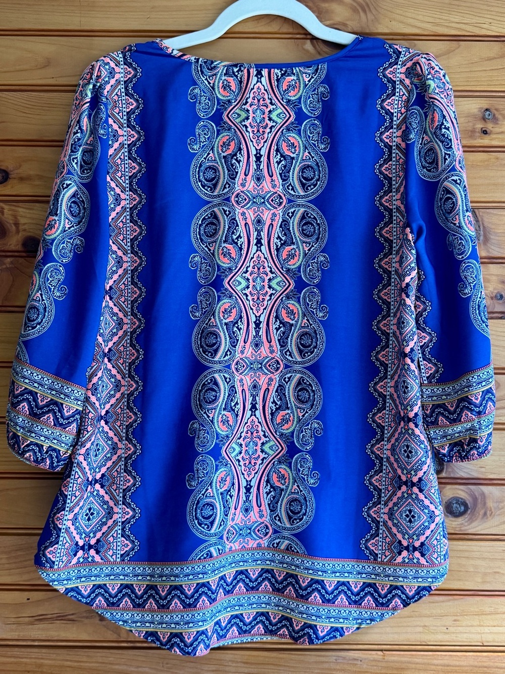 Boho Paisley Tunic Blouse M Blue Coral 70s Hippie Festival Pink Owl - Picture 2 of 10